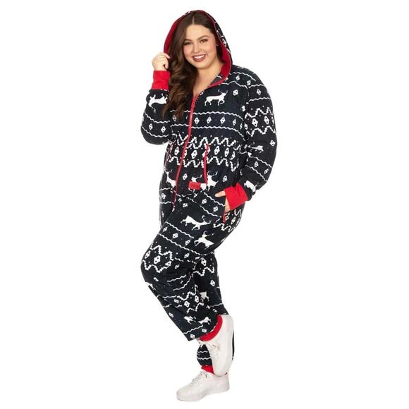 Tipsy Elves Blue Moose Fair Isle Fleece Jumpsuit Pajama Size S, NWOT - Picture 1 of 7
